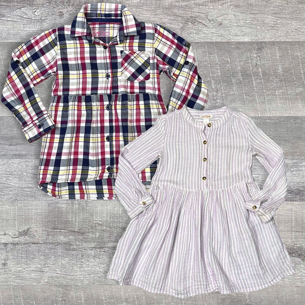 Girls Long Sleeve Tunic Top Dress Bundle (2) Cotton Size 5 Plaid Striped Purple